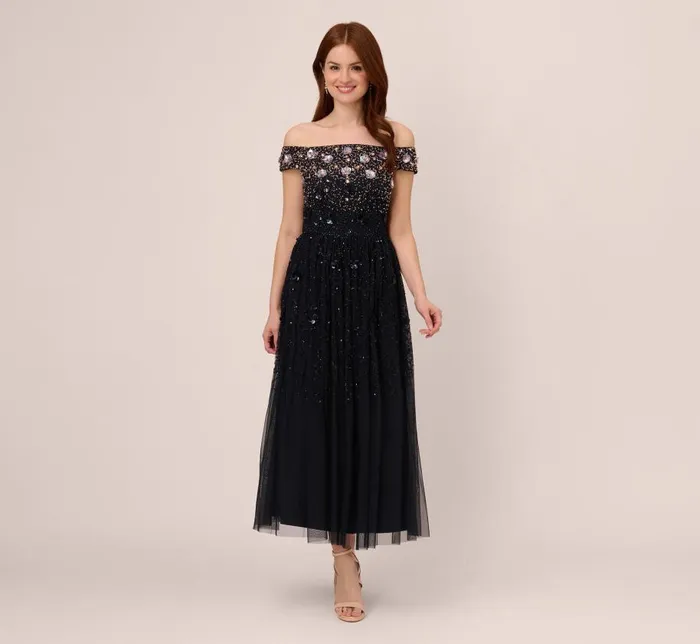 Beaded Dresses Womens Adrianna Papell Off The Shoulder AnkleLength Beaded Dress With Sequin Rosettes In Navy Rosegold Beaded Dresses Womens Adrianna Papell Off The Shoulder AnkleLength Beaded Dress With Sequin Rosettes In Navy Rosegold