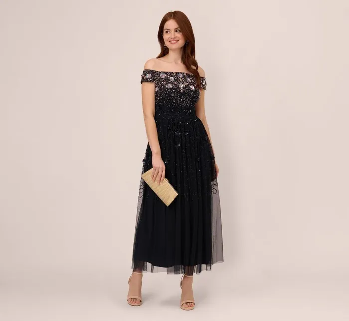 Beaded Dresses Womens Adrianna Papell Off The Shoulder AnkleLength Beaded Dress With Sequin Rosettes In Navy Rosegold