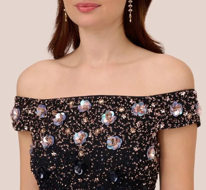 Beaded Dresses Womens Adrianna Papell Off The Shoulder AnkleLength Beaded Dress With Sequin Rosettes In Navy Rosegold