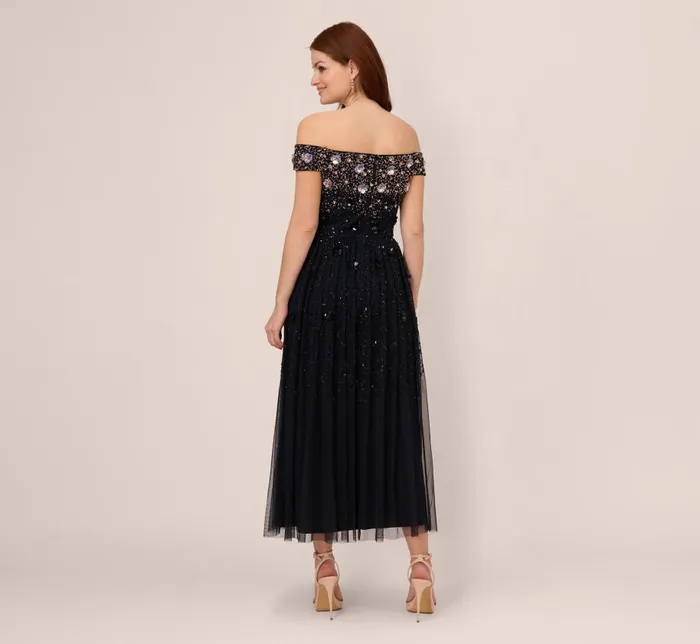 Beaded Dresses Womens Adrianna Papell Off The Shoulder AnkleLength Beaded Dress With Sequin Rosettes In Navy Rosegold