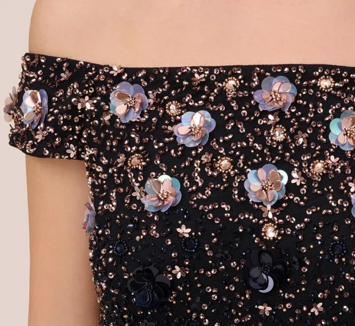 Beaded Dresses Womens Adrianna Papell Off The Shoulder AnkleLength Beaded Dress With Sequin Rosettes In Navy Rosegold
