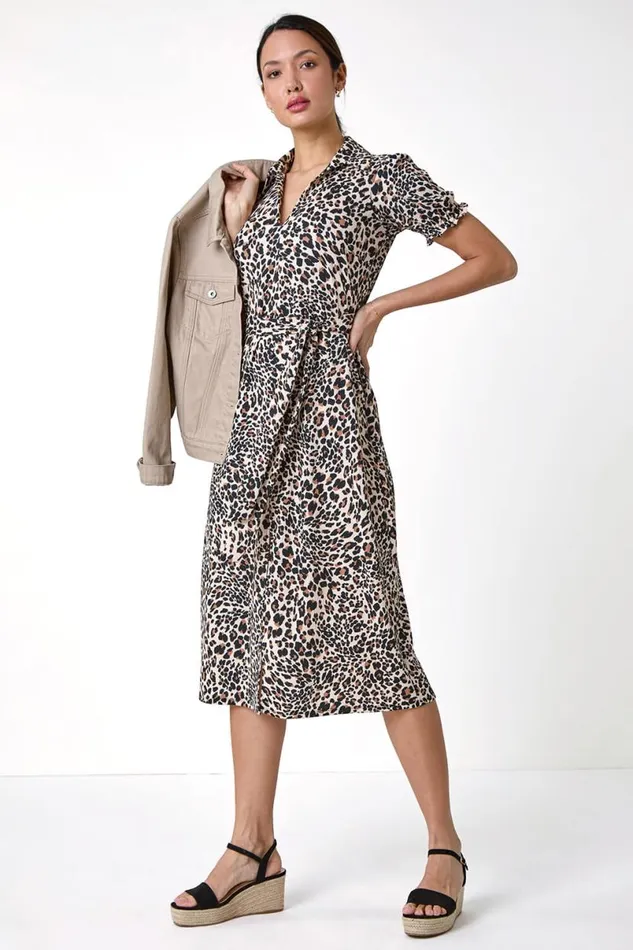 Beige Animal Print Textured Shirt Dress Women Roman Dresses