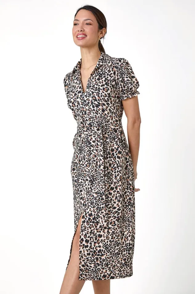 Beige Animal Print Textured Shirt Dress Women Roman Dresses
