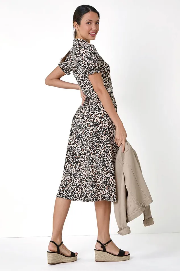 Beige Animal Print Textured Shirt Dress Women Roman Dresses