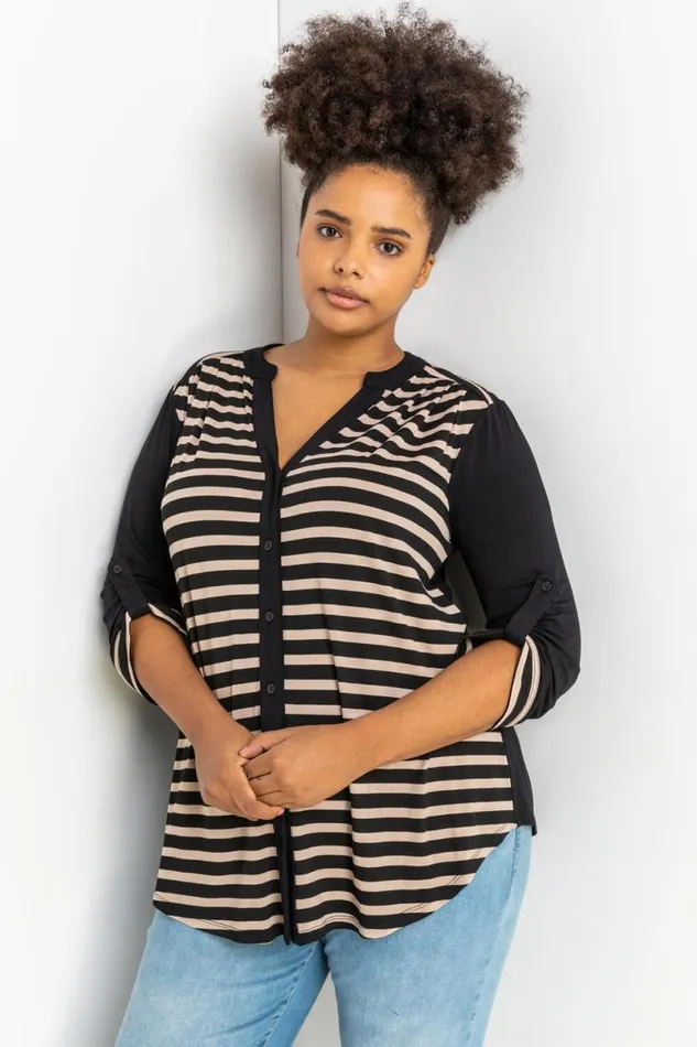 Beige Curve Contrast Stripe Button Through Blouse Women Roman Tops