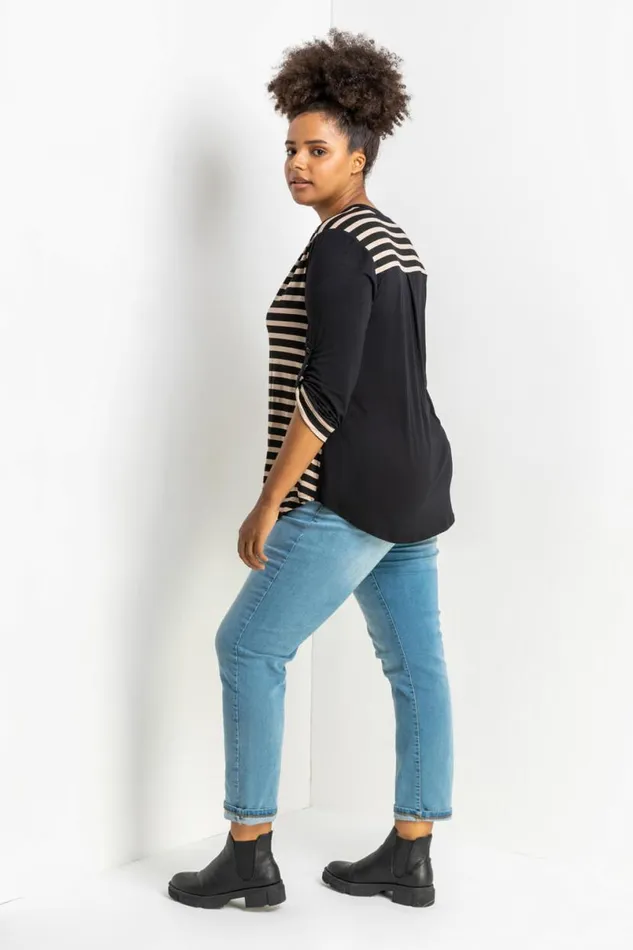 Beige Curve Contrast Stripe Button Through Blouse Women Roman Tops