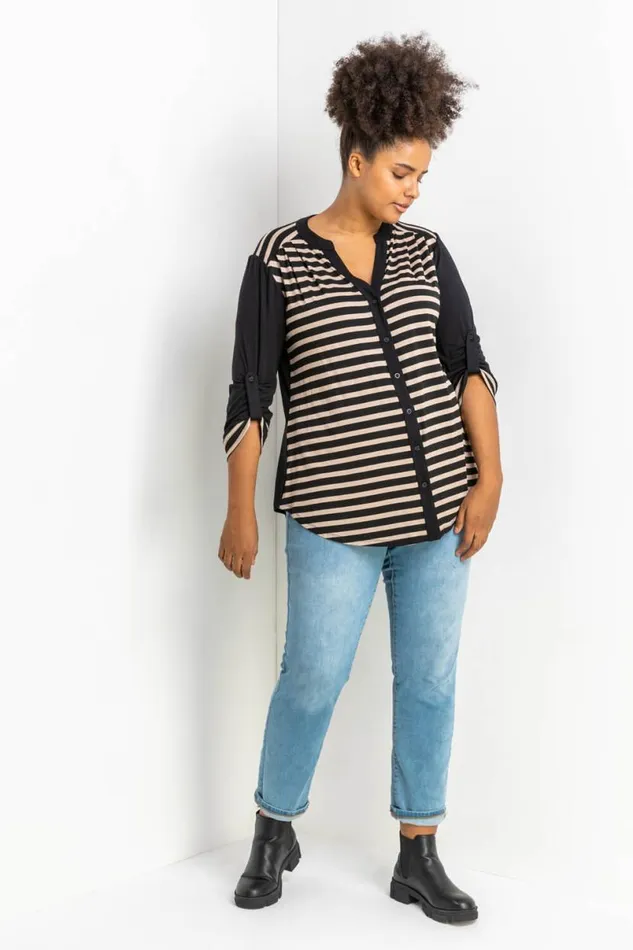 Beige Curve Contrast Stripe Button Through Blouse Women Roman Tops