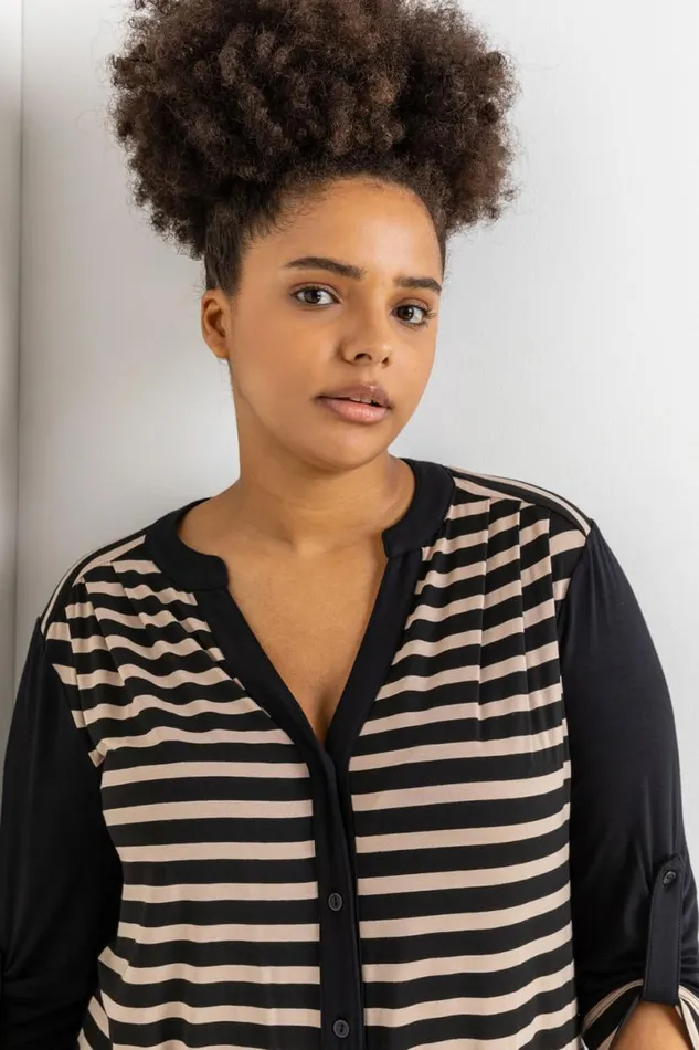 Beige Curve Contrast Stripe Button Through Blouse Women Roman Tops