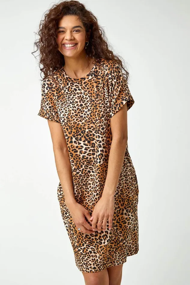 Beige Leopard Print Stretch TShirt Dress Women Roman Dresses