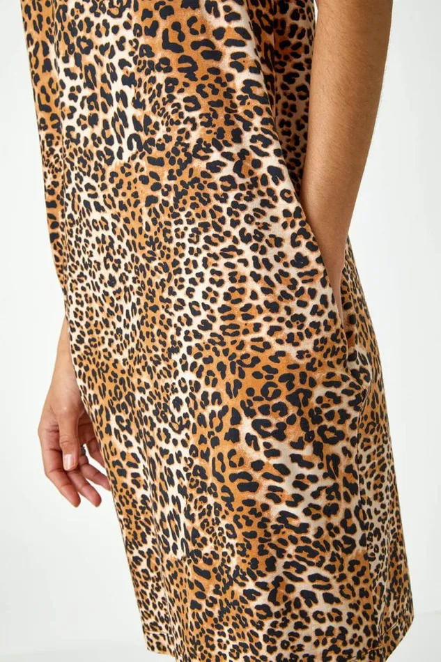 Beige Leopard Print Stretch TShirt Dress Women Roman Dresses