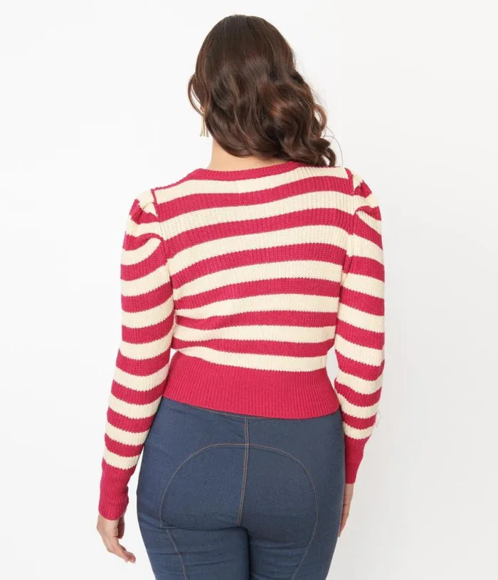 Berry Pink and Cream Stripe Sweater Clothing Unique Vintage Sweaters and Cardigans