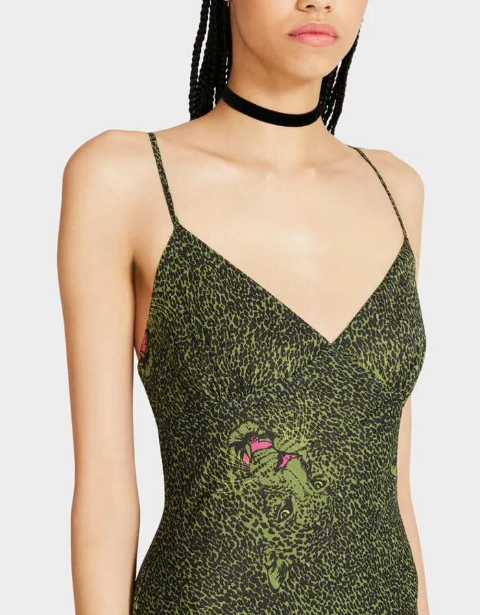 Betsey Johnson Women ADDISON MIDI DRESS GREEN LEOPARD Leopard
