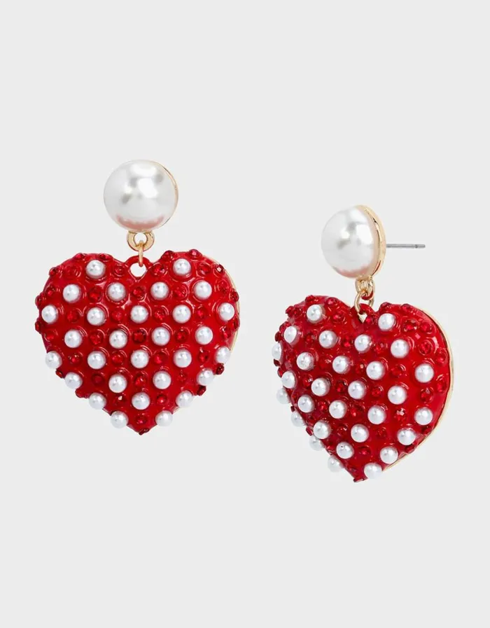 Betsey Johnson Women BETSEYS BEST PEARL DROP HEART EARRINGS RED