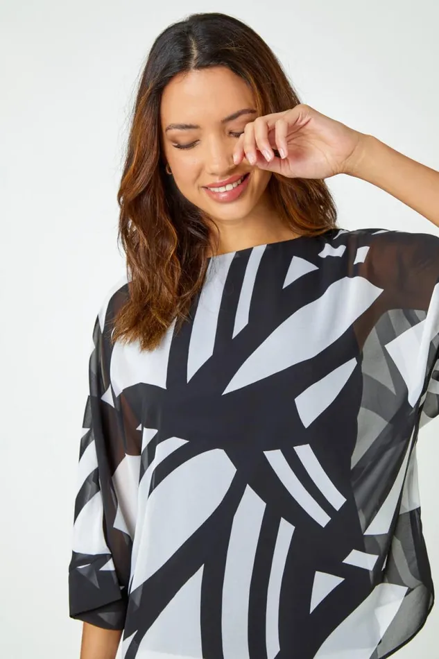 Black Abstract Print Chiffon Overlay Top Women Roman Tops