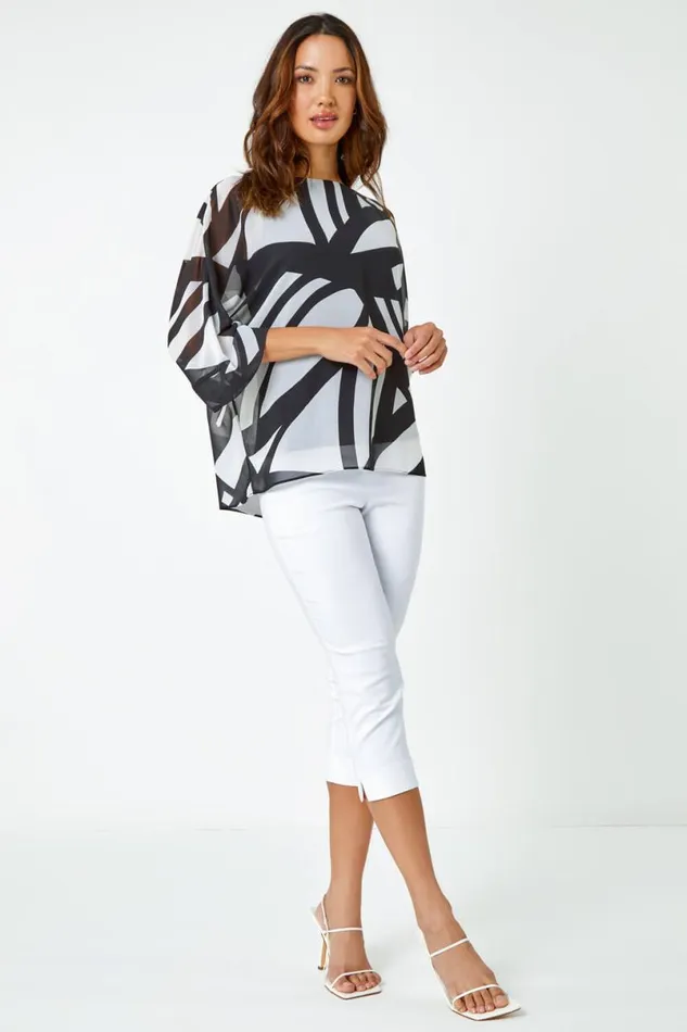 Black Abstract Print Chiffon Overlay Top Women Roman Tops