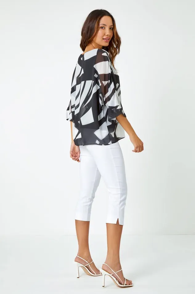 Black Abstract Print Chiffon Overlay Top Women Roman Tops