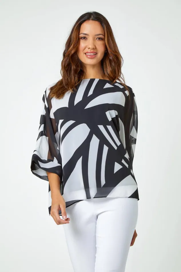 Black Abstract Print Chiffon Overlay Top Women Roman Tops