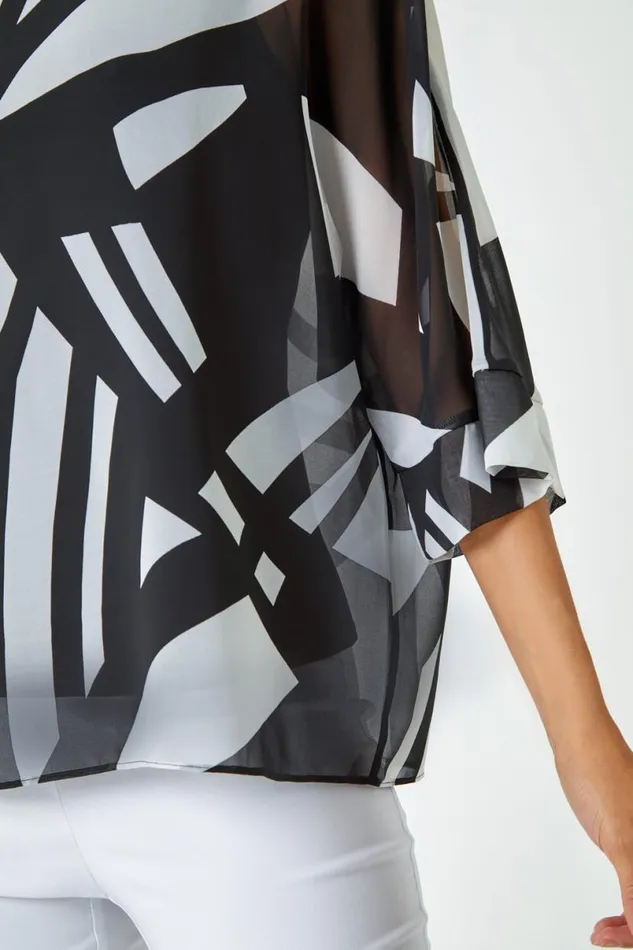 Black Abstract Print Chiffon Overlay Top Women Roman Tops