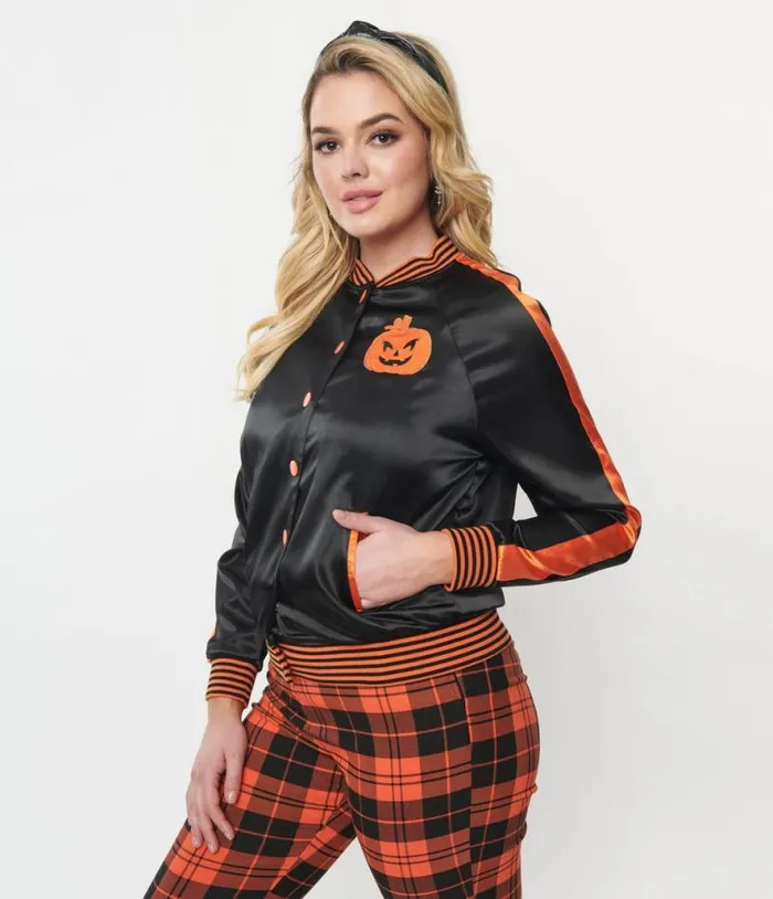 Black and Orange Scream Queen Satin Bomber Jacket ClothingHalloween Unique Vintage Coats and Jackets
