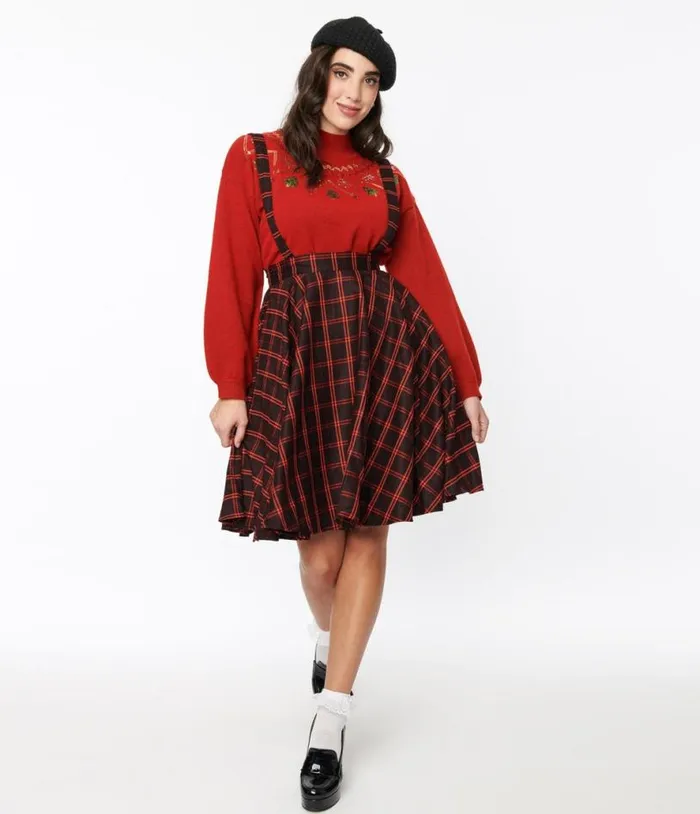 Black and Orange Windowpane Suspender Swing Skirt ClothingPlus Unique Vintage Skirts