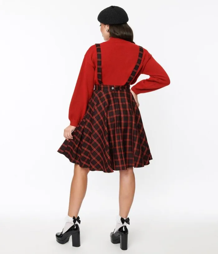 Black and Orange Windowpane Suspender Swing Skirt ClothingPlus Unique Vintage Skirts