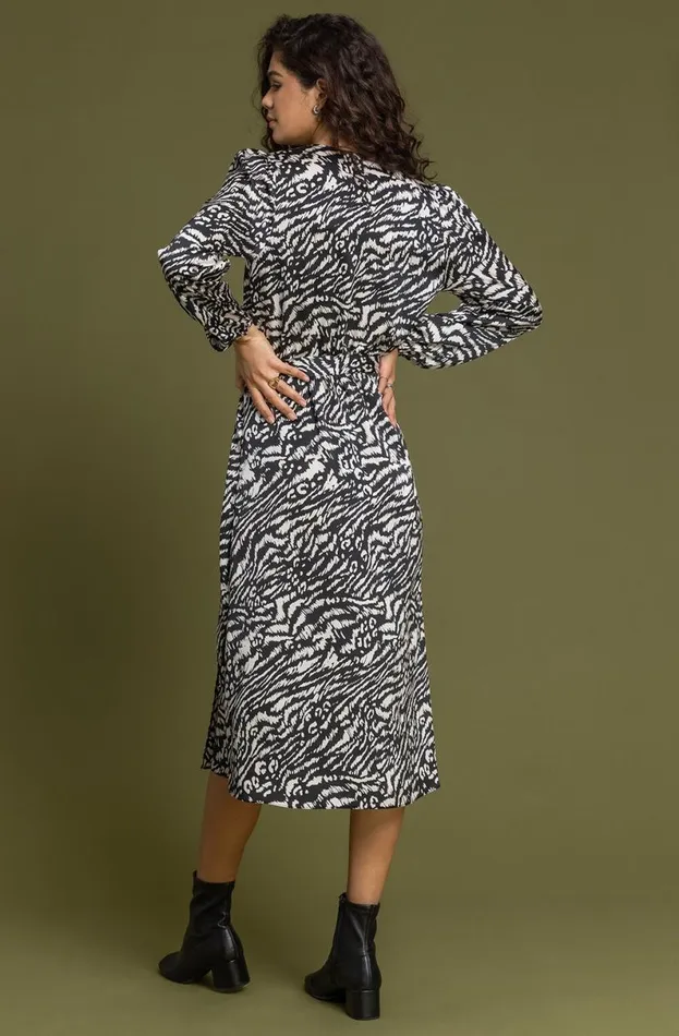 Black Animal Print Chiffon Frill Wrap Dress Women Roman Dresses