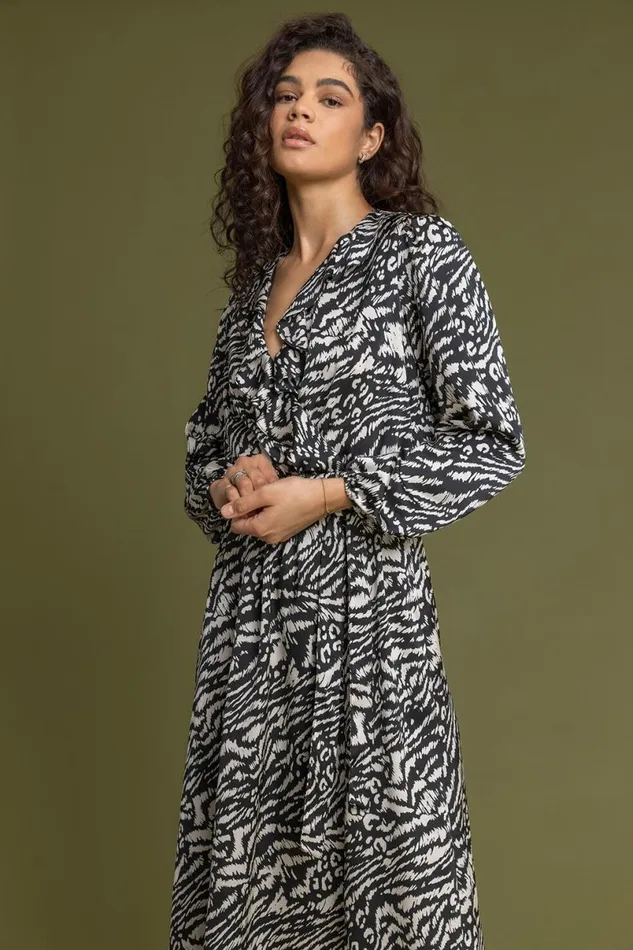 Black Animal Print Chiffon Frill Wrap Dress Women Roman Dresses