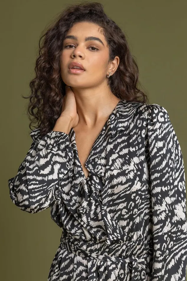 Black Animal Print Chiffon Frill Wrap Dress Women Roman Dresses