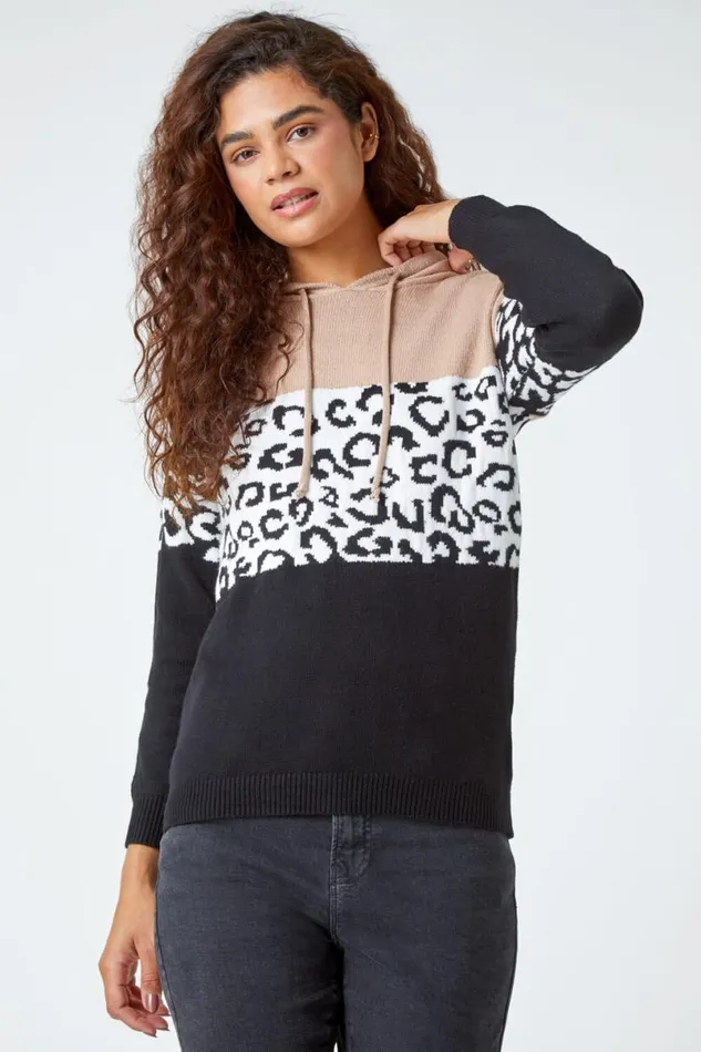 Black Animal Print Colour Block Hoodie Women Roman Knitwear