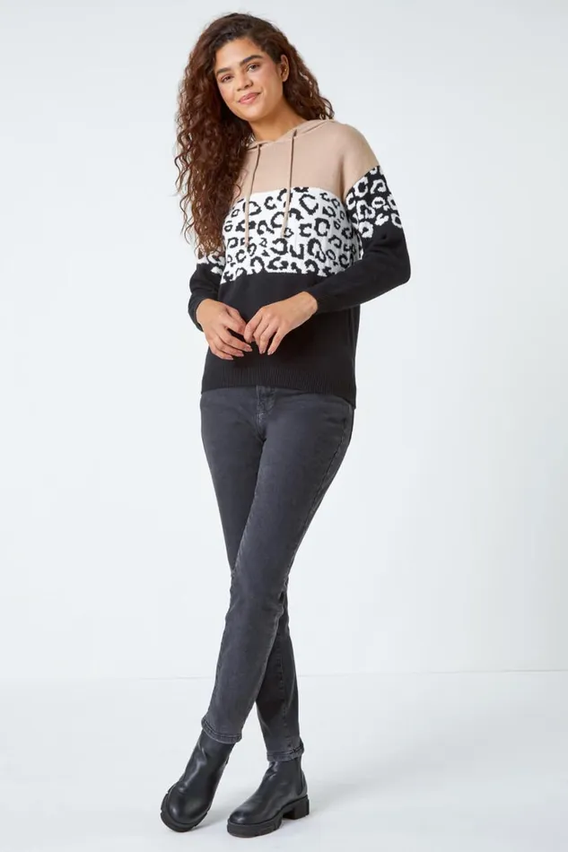 Black Animal Print Colour Block Hoodie Women Roman Knitwear