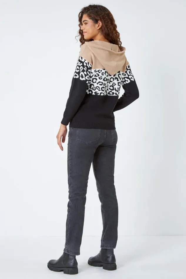 Black Animal Print Colour Block Hoodie Women Roman Knitwear