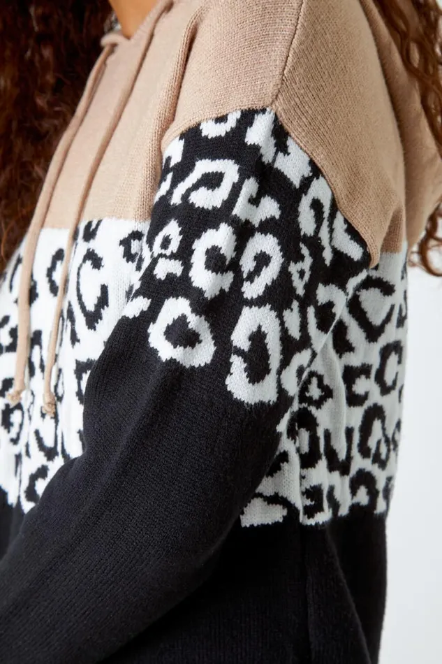 Black Animal Print Colour Block Hoodie Women Roman Knitwear