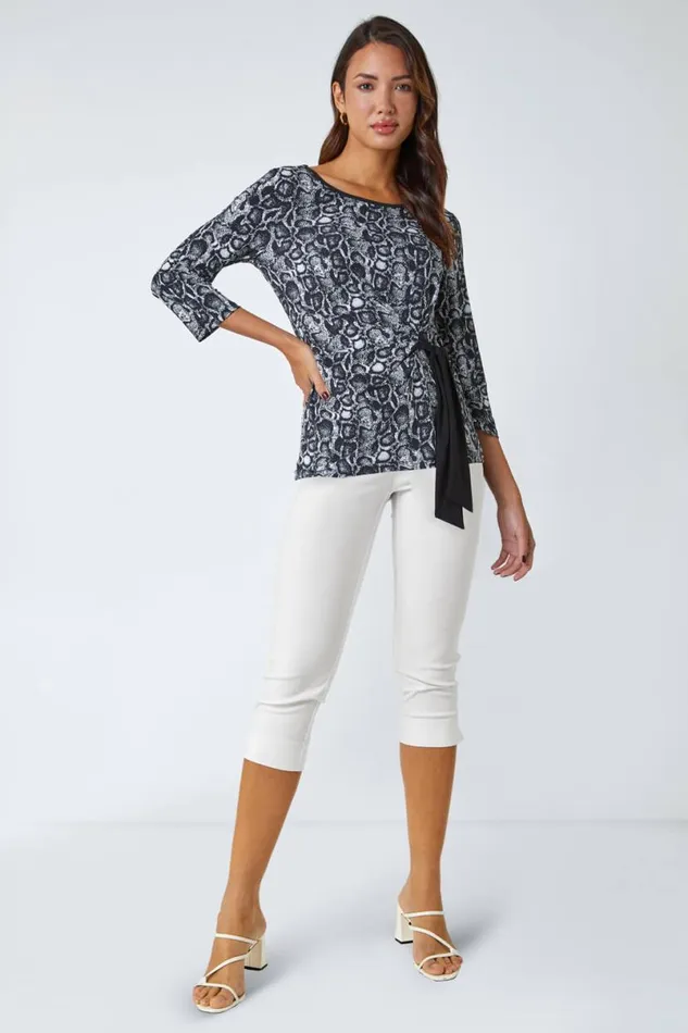 Black Animal Print Side Tie Stretch Top Women Roman Tops
