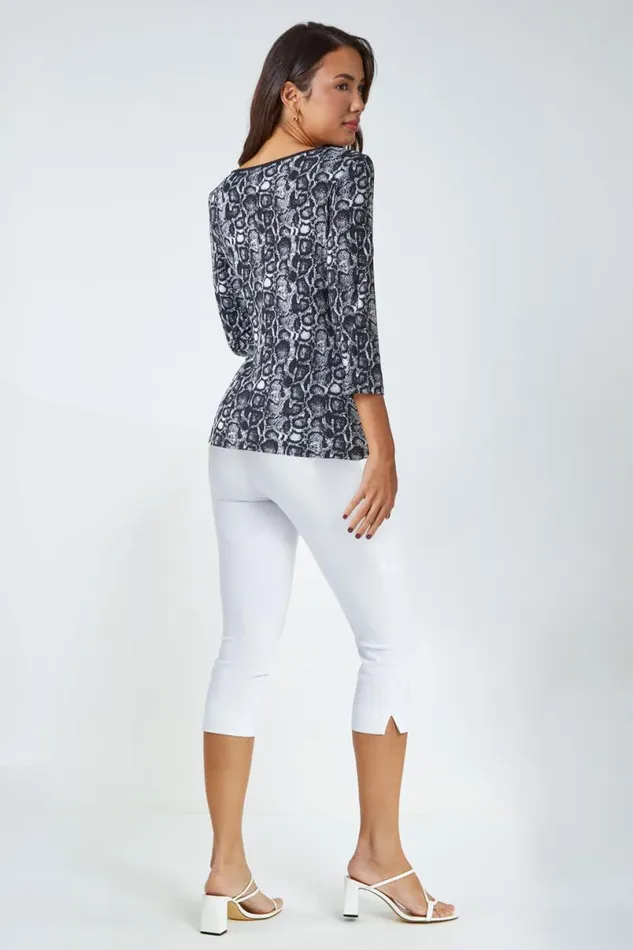 Black Animal Print Side Tie Stretch Top Women Roman Tops