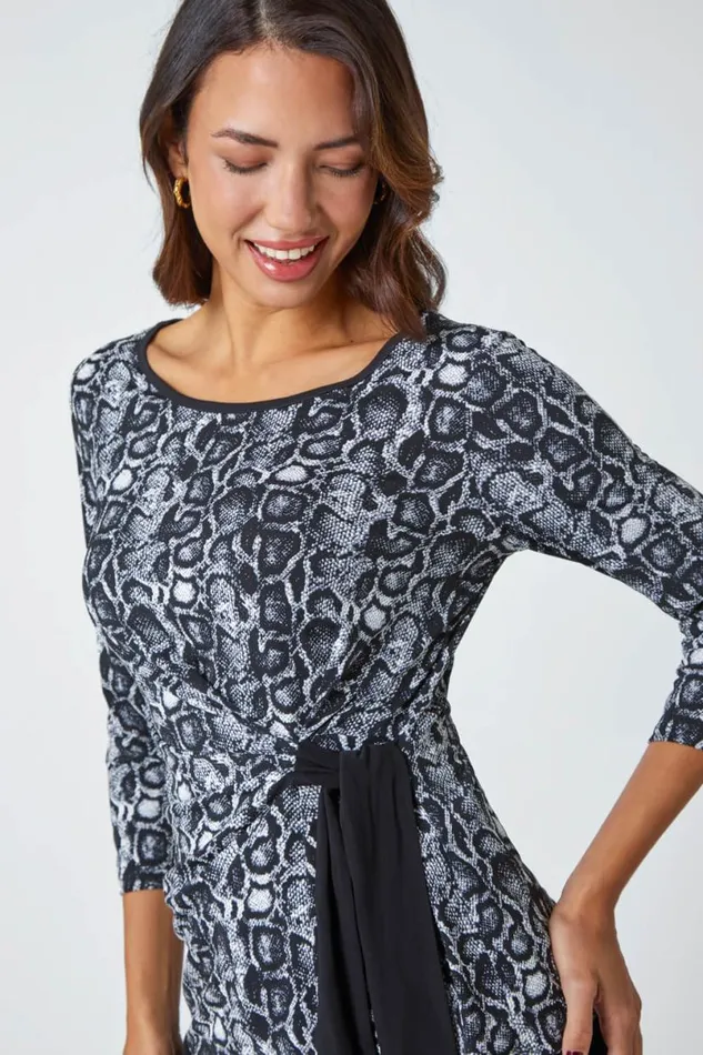 Black Animal Print Side Tie Stretch Top Women Roman Tops