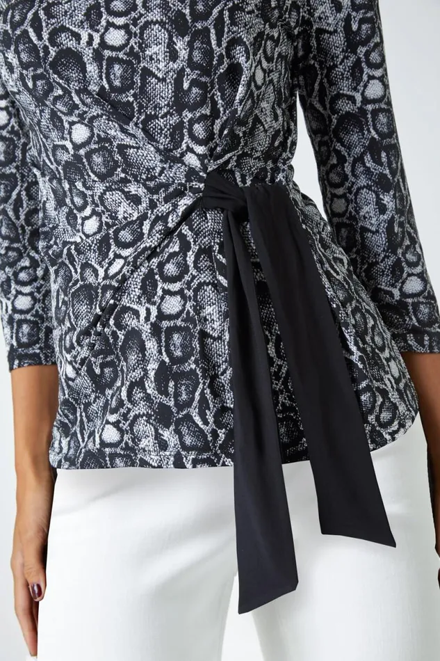 Black Animal Print Side Tie Stretch Top Women Roman Tops