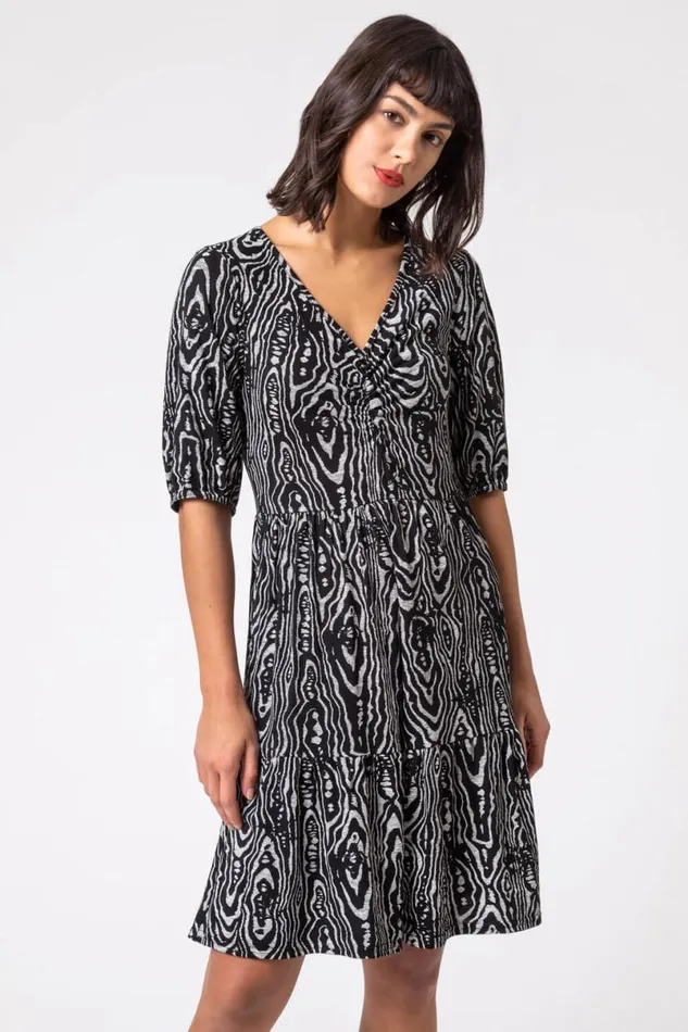 Black Animal Print Tiered Ruched Detail Dress Women Roman Dresses
