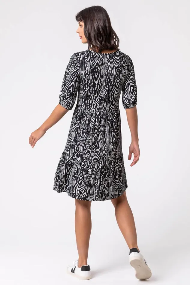 Black Animal Print Tiered Ruched Detail Dress Women Roman Dresses