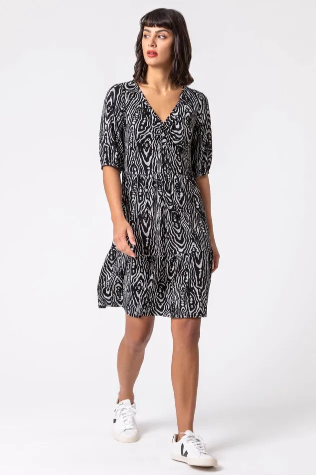 Black Animal Print Tiered Ruched Detail Dress Women Roman Dresses