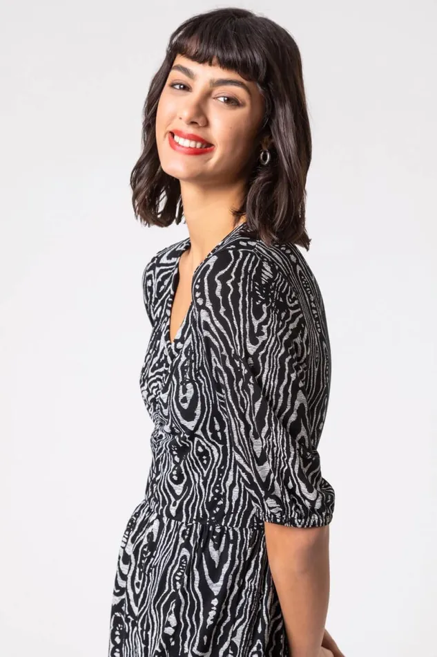 Black Animal Print Tiered Ruched Detail Dress Women Roman Dresses