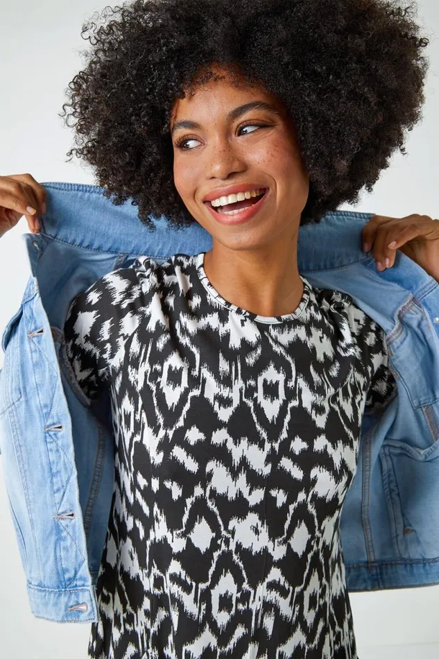 Black Aztec Print Pocket Tunic Women Roman Tops