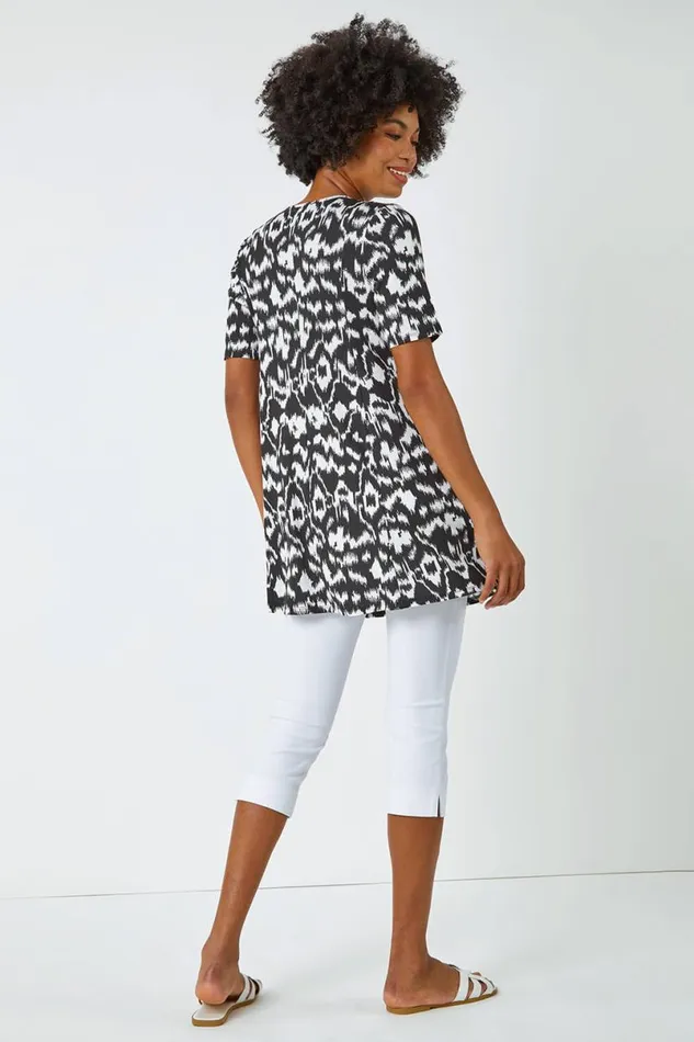 Black Aztec Print Pocket Tunic Women Roman Tops