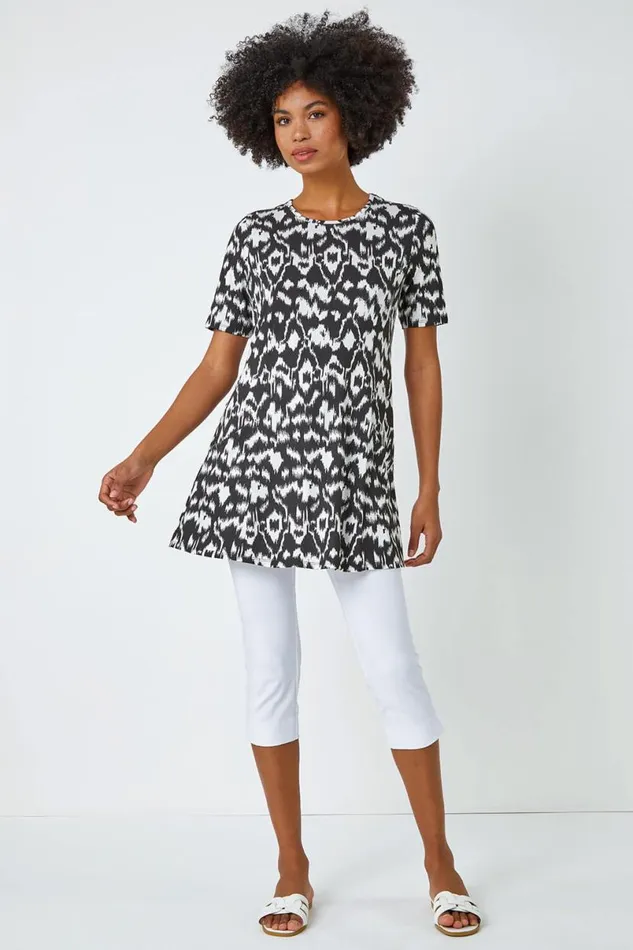 Black Aztec Print Pocket Tunic Women Roman Tops
