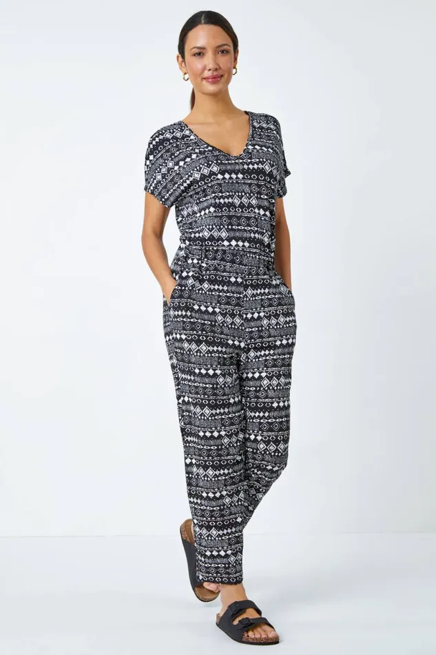 Black Aztec Print Stretch Jumpsuit Women Roman Dresses