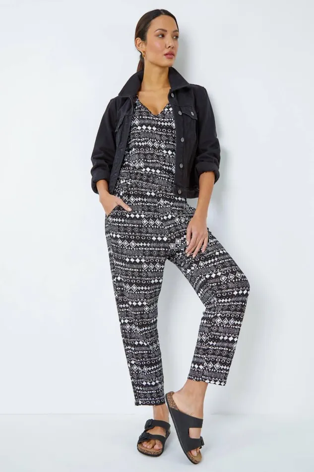 Black Aztec Print Stretch Jumpsuit Women Roman Dresses