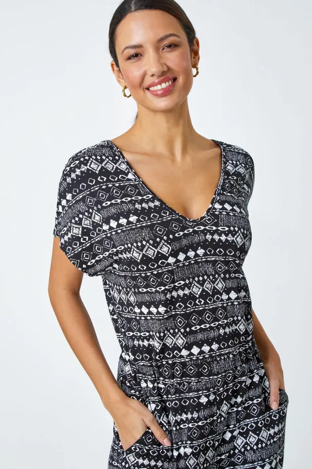 Black Aztec Print Stretch Jumpsuit Women Roman Dresses