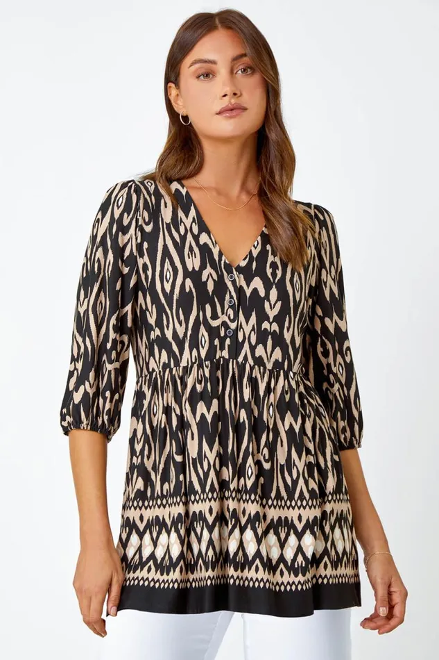 Black Aztec Print VNeck Stretch Tunic Smock Top Women Roman Tops