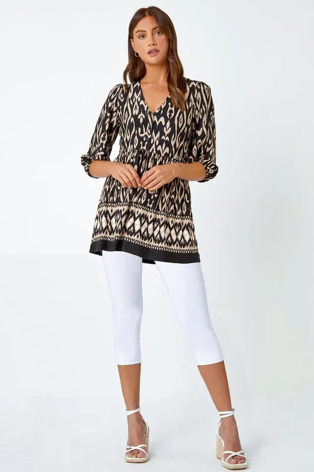 Black Aztec Print VNeck Stretch Tunic Smock Top Women Roman Tops