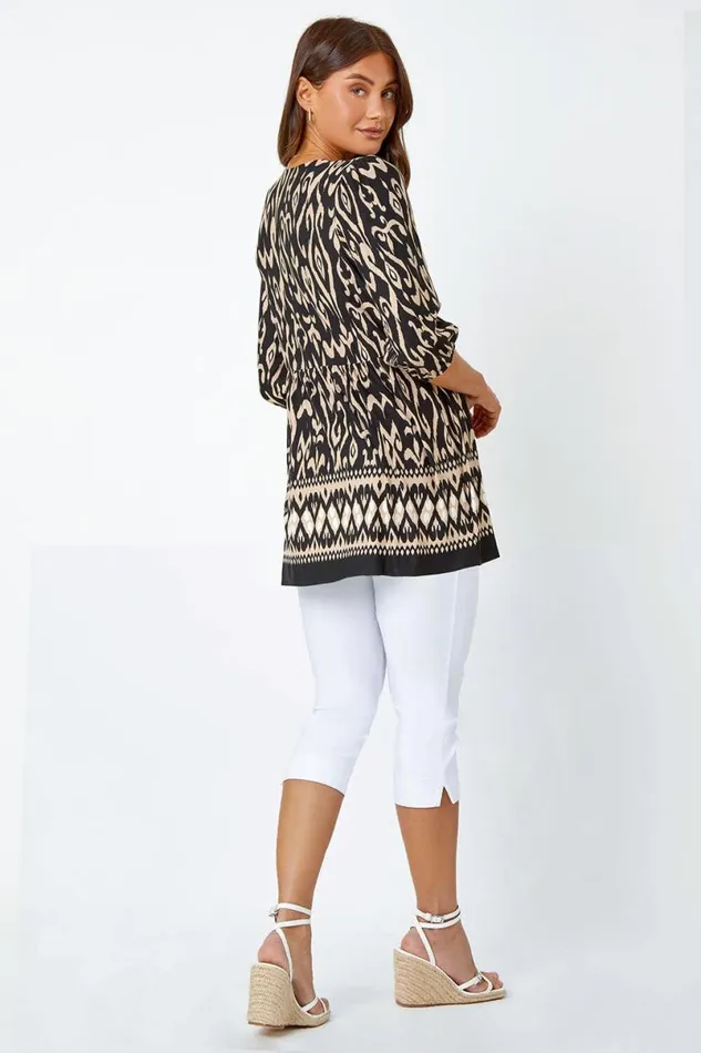 Black Aztec Print VNeck Stretch Tunic Smock Top Women Roman Tops