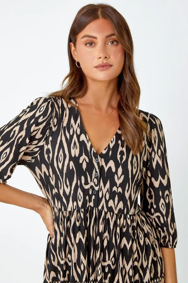 Black Aztec Print VNeck Stretch Tunic Smock Top Women Roman Tops